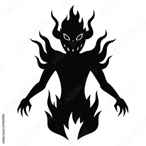 shadow demon emerging from flames logo flat color illustration