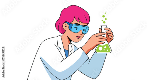 Illustrative scientist analyzing a test tube with a vibrant green fluid