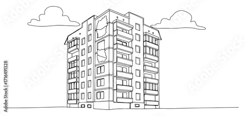 War Damaged Apartment Building Line Art