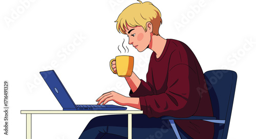 Illustration of focused freelancer working on a laptop with coffee break