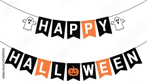 Halloween, Banner, Flags, Ghost, Pumpkin, Jackolantern, Text, Happy, Orange, Black, String, Decoration, Cartoon, Cute, Festive, Party, Greeting, Spooky, Illustration, Fun