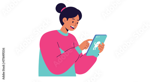 Cheerful woman engaging with tablet app in a bright and clean design
