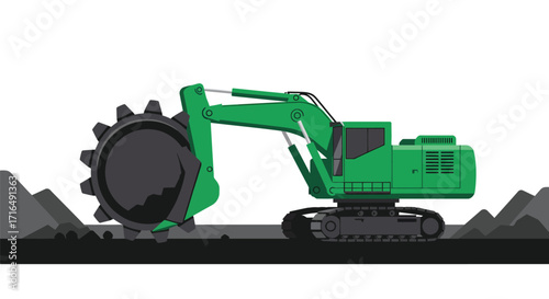Vibrant flat vector illustration depicting a bucketwheel excavator at mining