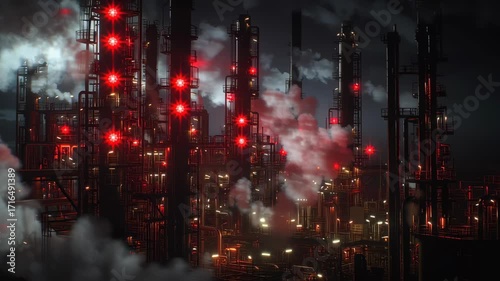 Midnight industrial scene, refinery engulfed in red warning lights, steam drifting like ghosts, ultra-detailed metal textures, cinematic depth, shallow focus.