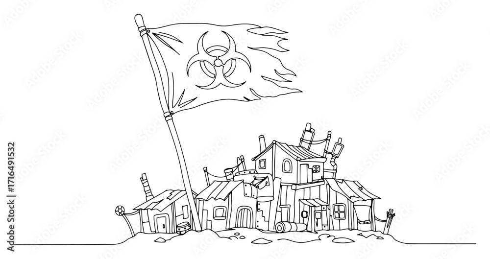 Obraz premium Quarantine Zone Biohazard Flag over Ruined Town Illustration