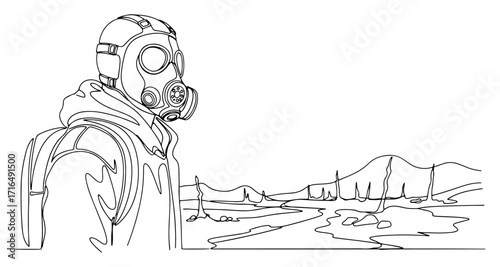Post Apocalyptic Survivor with Gas Mask in Wasteland Illustration