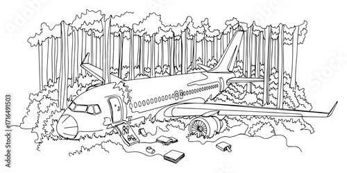 Airplane Crash Wreckage in Dense Forest Illustration