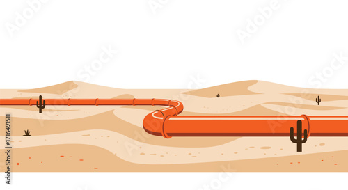 Vibrant pipeline crossing the arid desert landscape with sparse vegetation