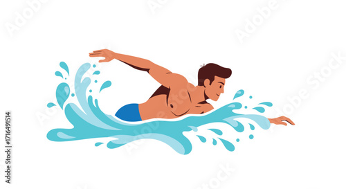 Dynamic swimmer freestyle stroke with water splash isolated illustration