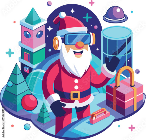 Santa wearing a VR headset, exploring a virtual Christmas world