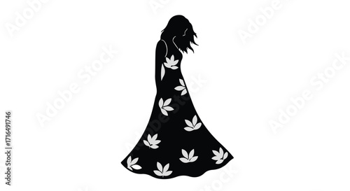 Elegant silhouette of a woman in a flowing floral dress, conveying a sense of quiet contemplation.