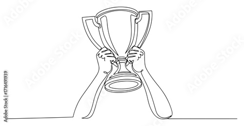 Hands Lifting Championship Trophy Cup One Line Illustration
