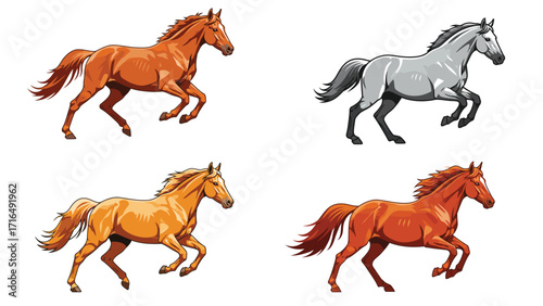 Energetic Equine Quartet: A Collection of Vivid Galloping Horse Illustrations