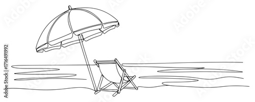 Beach Umbrella and Deck Chair on Seaside Line Art Illustration