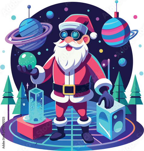 Santa wearing a VR headset, exploring a virtual Christmas world