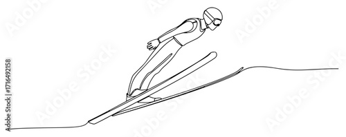 Ski Jumping Athlete in Flight Line Art