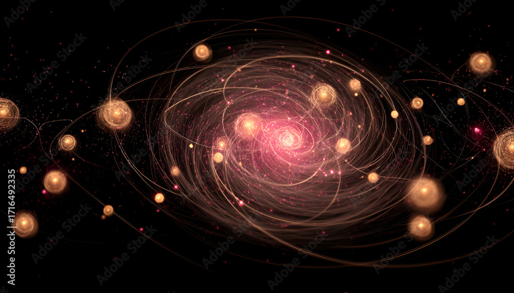 Obraz premium Swirling pinkish-red particle cloud forming golden lines and spherical nodes in virtual space