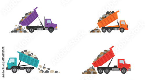 Collection of flat vector illustrations featuring colorful dump trucks unloading rocks