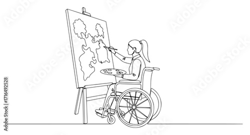 Wheelchair Artist Painting at Easel Line Art