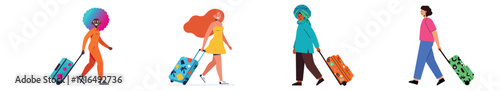 Diverse travelers pulling luggage against a clean white backdrop for tourism ads