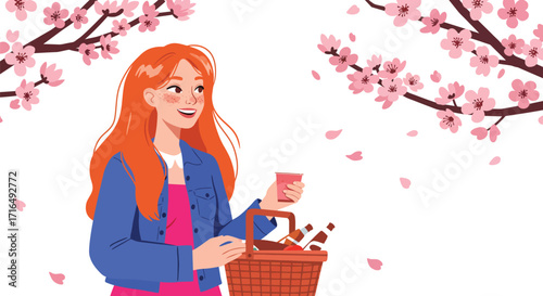 Stylish spring picnic illustration with cherry blossoms and happy woman
