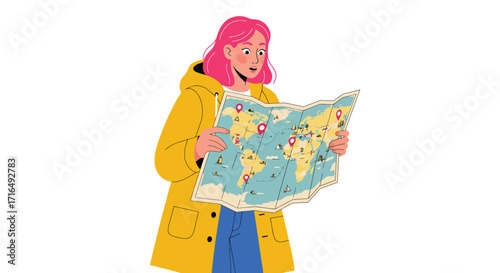 Woman with pink hair studies a map, planning global adventures on canvas