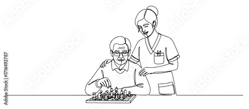 Caregiver Assisting Senior Playing Chess Line Art