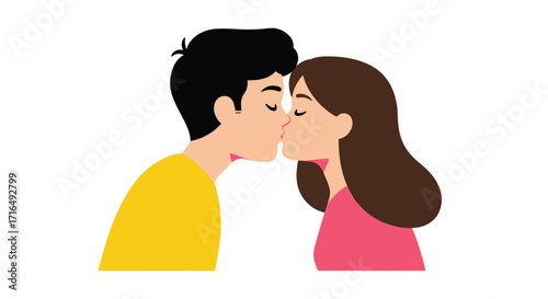 Stylized vector illustration of a vibrant couple sharing a tender kiss