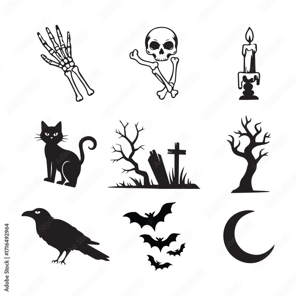 Fototapeta premium Spooky Halloween Icon Set vector – Skeleton Hand, Skull, Candle, Black Cat, Graveyard, Raven, Bats, Moon & Haunted Tree