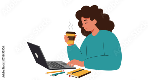 Illustration of a woman working late with coffee and laptop burnout