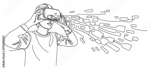 One Line Person Using VR Headset with Data Stream Vector Illustration