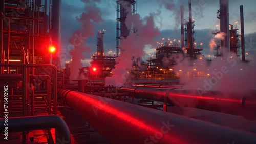 Refinery emergency drill, twilight haze, sirens illuminating pipes in red, thick steam rising, industrial realism, cinematic lighting, shallow depth of field.