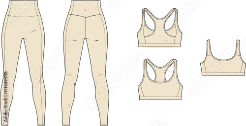 High waisted leggings and sports bras technical flat fashion vector, activewear garment design front and back views with seam details
