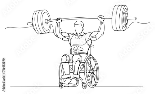 One Line Wheelchair Weightlifter Overhead Barbell Vector Illustration