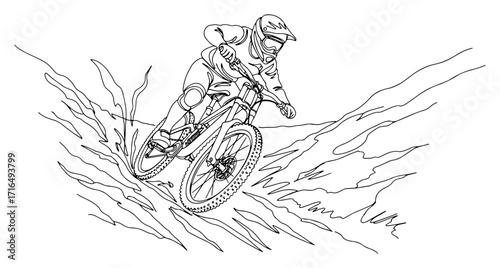 Downhill Mountain Biker Jumping on Rugged Trail Illustration