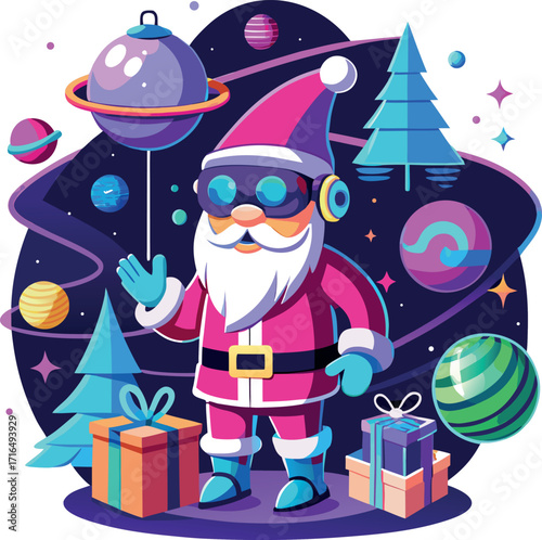 Santa wearing a VR headset, exploring a virtual Christmas world