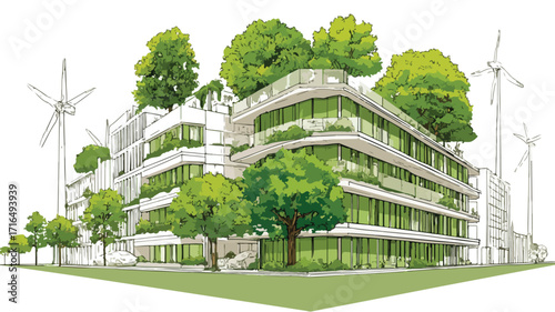 Eco-Friendly Green Building Concept with Vector Elements