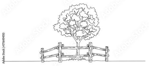 Tree Behind Wooden Fence Rural Landscape black shape vector laser cutting engraving monochrome print