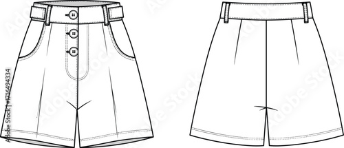 High waisted shorts technical flat fashion vector illustration with front back view, belt loops, button fly, pockets, seams, garment design template