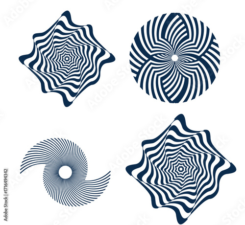 Spiral and swirl motion twisting circles design element set. Vector illustration
