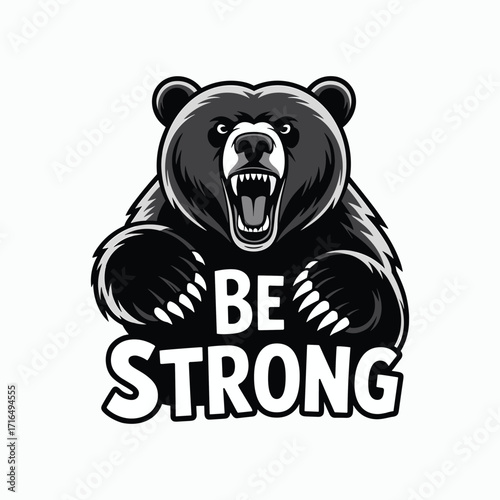 Aggressive black bear mascot roaring with text BESTRONG on white background vector illustration