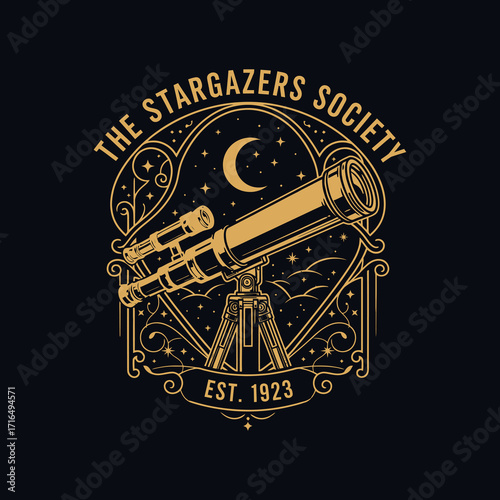 A vintage emblem for The Stargazers Society, featuring an antique telescope under a starry night sky with a crescent moon.