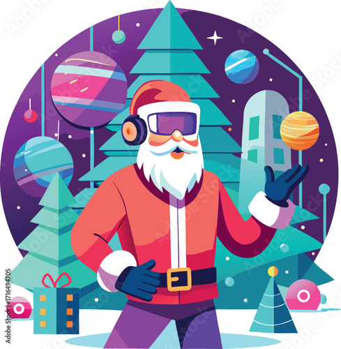 Santa wearing a VR headset, exploring a virtual Christmas world