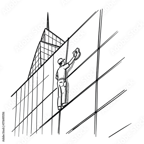 a man is wiping the glass of a tall building.eps