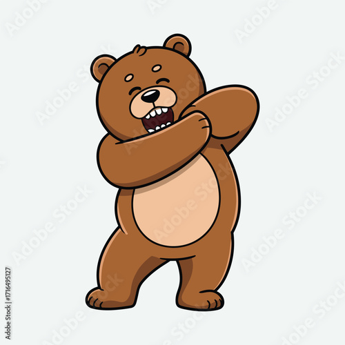 Cartoon brown bear doing the dab dance move on white background cute animal