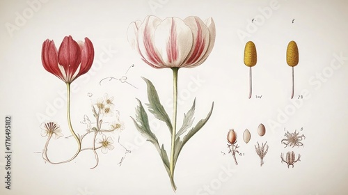 Botanical Illustration: Detailed Study of Two Tulips with their Components