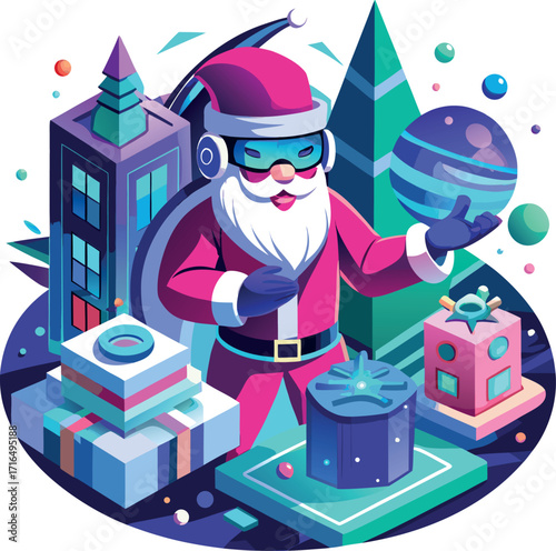 Santa wearing a VR headset, exploring a virtual Christmas world