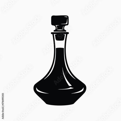 Black silhouette of a classic glass decanter with stopper isolated on white background in vector style