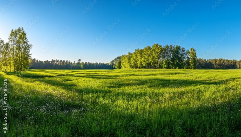 Obraz premium A wide, sunlit field of tall green grass and wildflowers stretches to a line of birch and pine trees under a clear blue sky.