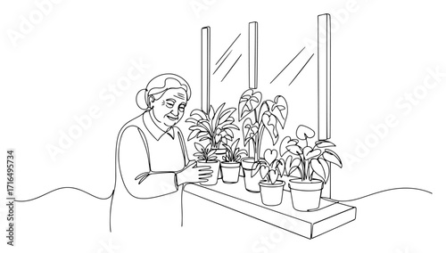 Elderly Woman Caring for Houseplants by the Window Line Art